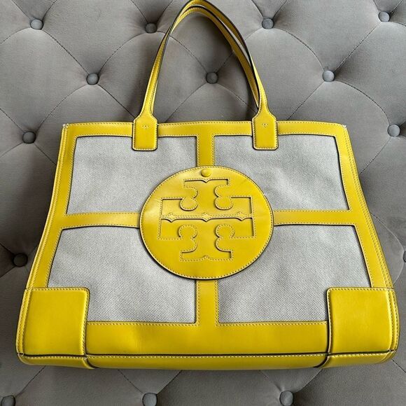 Tory Burch Leather Trim Canvas Tote Bag yellow - Picture 1 of 7